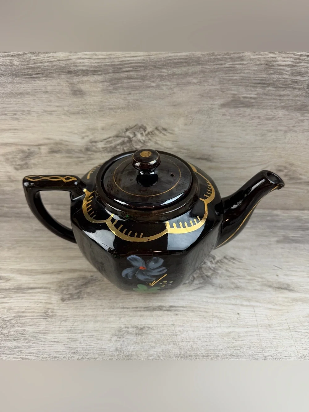 Vintage Hand Painted Floral Teapot with Gold Accents – Redware Brown Betty